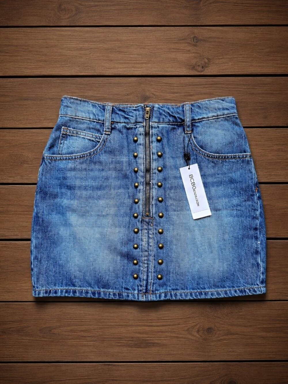 BCBGeneration Brass Stud Denim Mini Skirt High Rise Zip Front Blue NWT 24